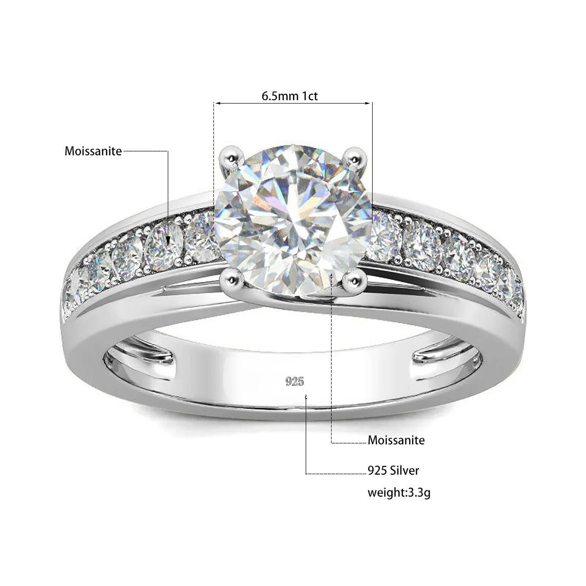 1 Carat Moissanite Ring for Women 925 Silver, Rhodium Plated, Certified Jewelry