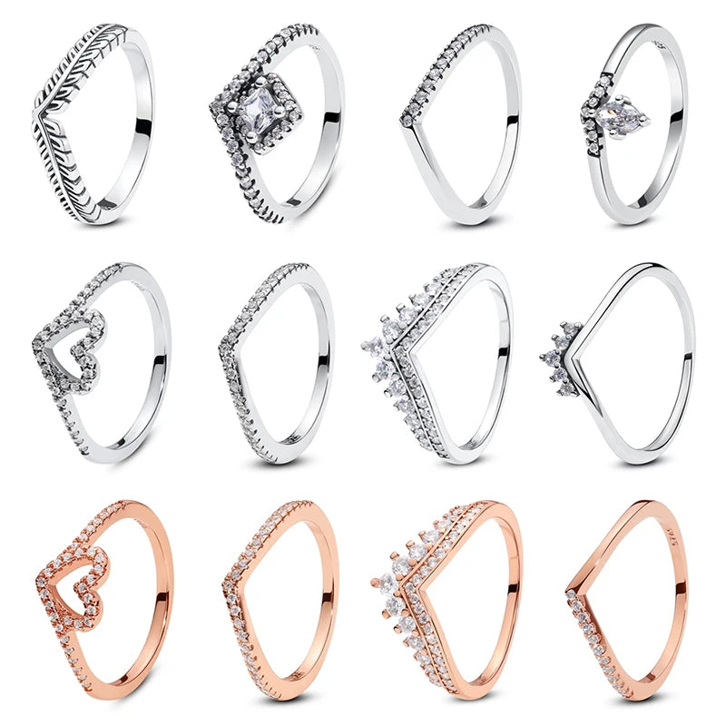 925 Sterling Silver Love Heart Crown Wishbone Zircon Ring