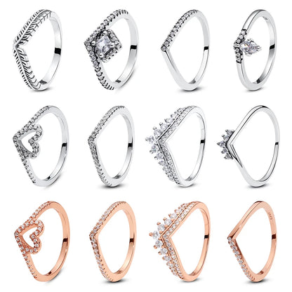 925 Sterling Silver Love Heart Crown Wishbone Zircon Ring
