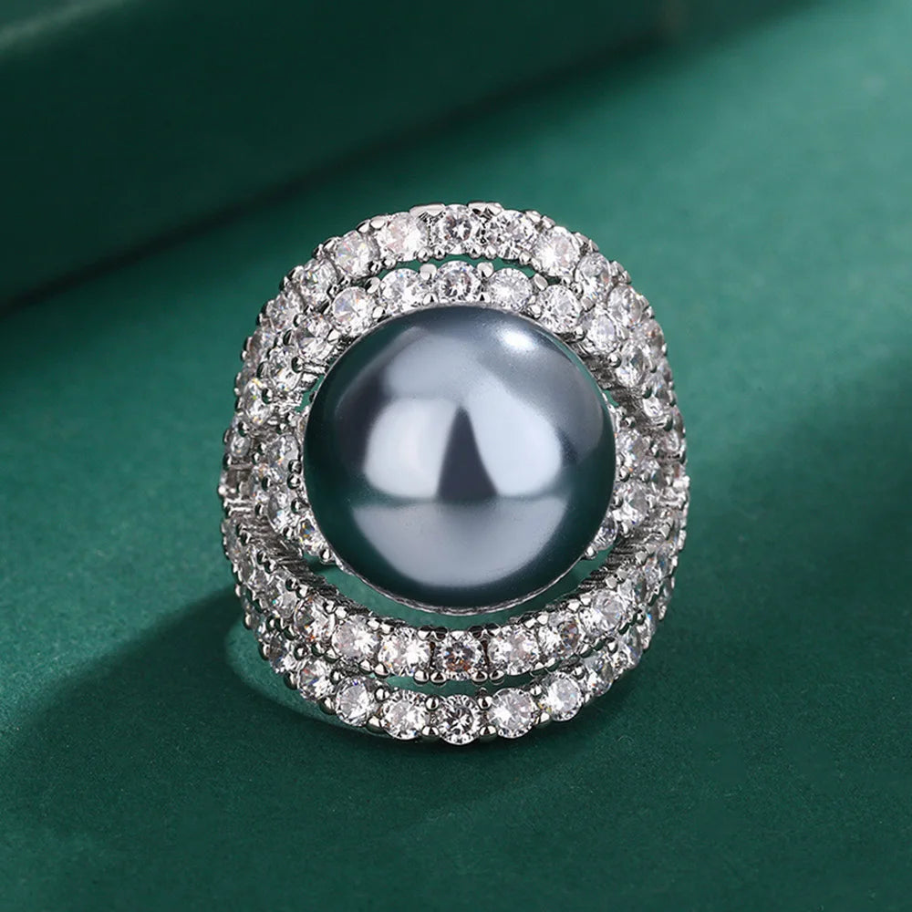 925 Sterling Silver 14mm Pearl Ring – Luxury Zirconia Geometric Design