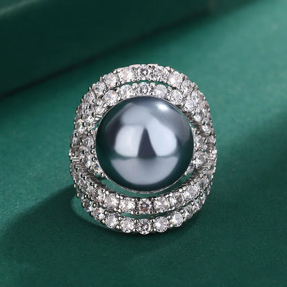 925 Sterling Silver 14mm Pearl Ring – Luxury Zirconia Geometric Design