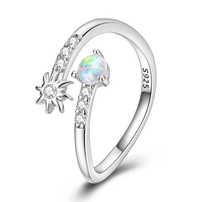 925 Silver Color with Blue Zircon Butterfly Leaf Flower Rings