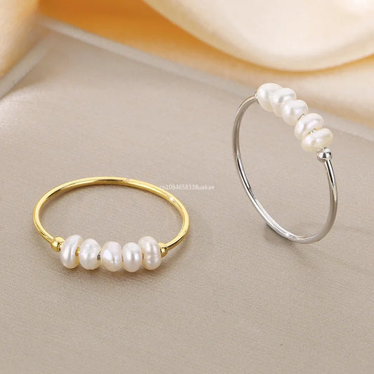 Gold Simulated Pearl Thin Ring – Waterproof Stainless Steel Index Finger Jewelry for Women
