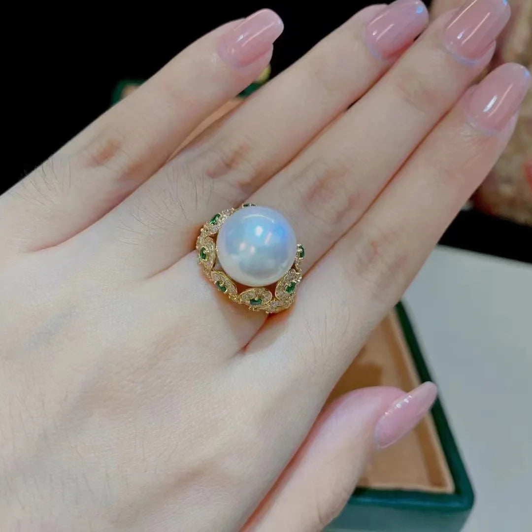 Big White Pearl Flower Ring – K Yellow Gold Women’s Cocktail Wedding Jewelry