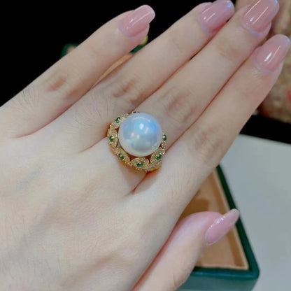 Big White Pearl Flower Ring – K Yellow Gold Women’s Cocktail Wedding Jewelry
