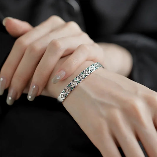 925 Sterling Silver Geometry Block Zircon Bracelet For Women Versatile Vintage Jewelry Gift