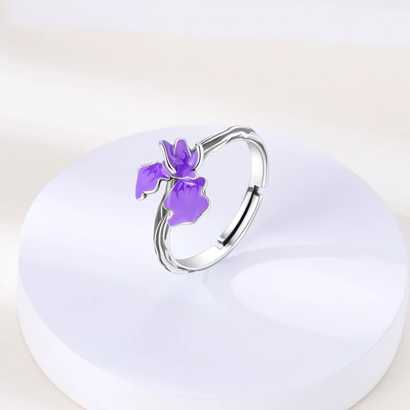 925 Silver Color with Blue Zircon Butterfly Leaf Flower Rings