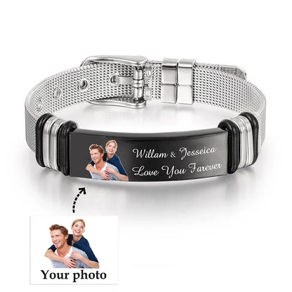 Personalized Picture Unisex Bracelet Custom Stainless Steel Engraved Photo & Text Name Adjustable ID Bracelet