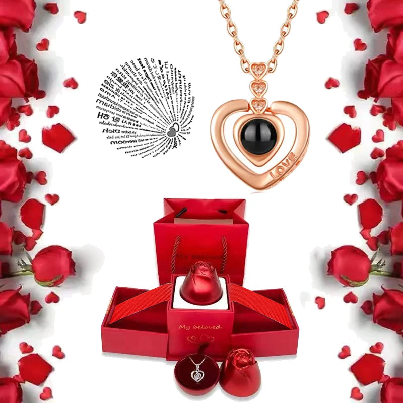 I Love You Projection S925 Necklace – 100 Languages with Rose Gift Box