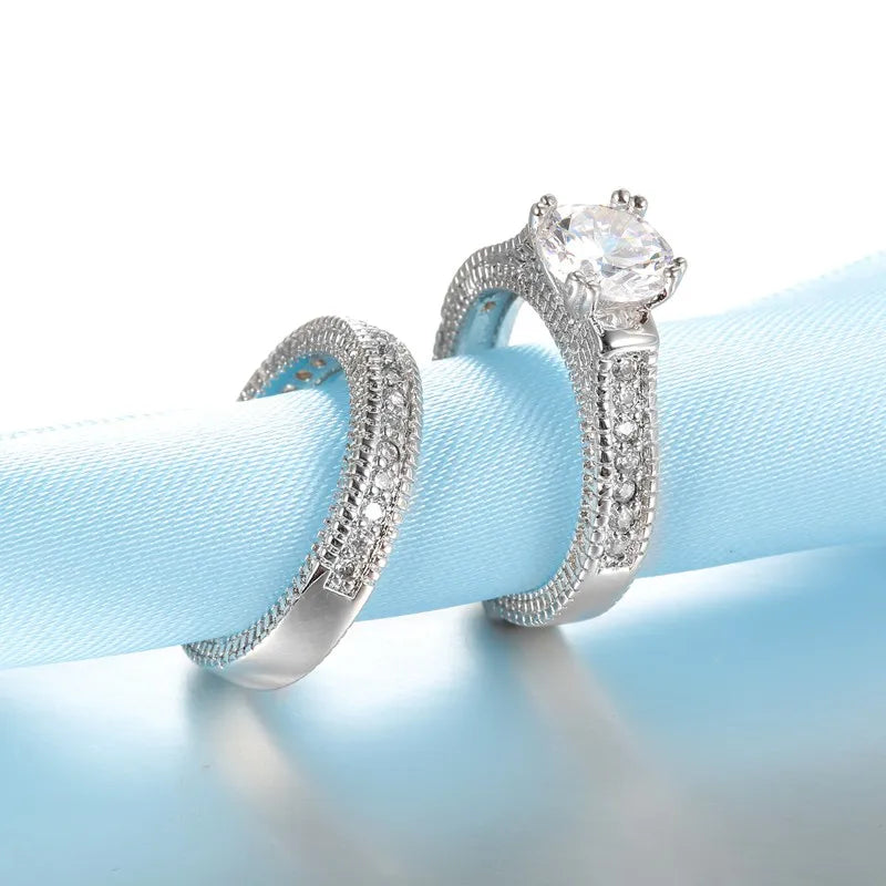 Elegant 925 Sterling Silver Couple Cubic Zircon Stone Rings