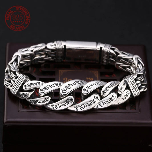 S925 Sterling Silver Men’s Personalized Six-Character Mantra Bracelet | Retro Peace Pattern, Lucky Charm, Fashionable Handmade Jewelry Gift