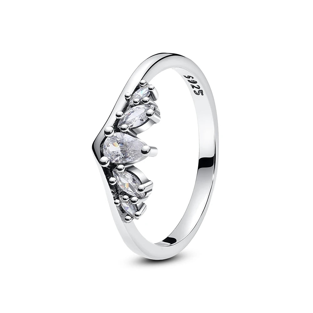 925 Sterling Silver Love Heart Crown Wishbone Zircon Ring