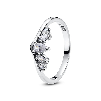 925 Sterling Silver Love Heart Crown Wishbone Zircon Ring