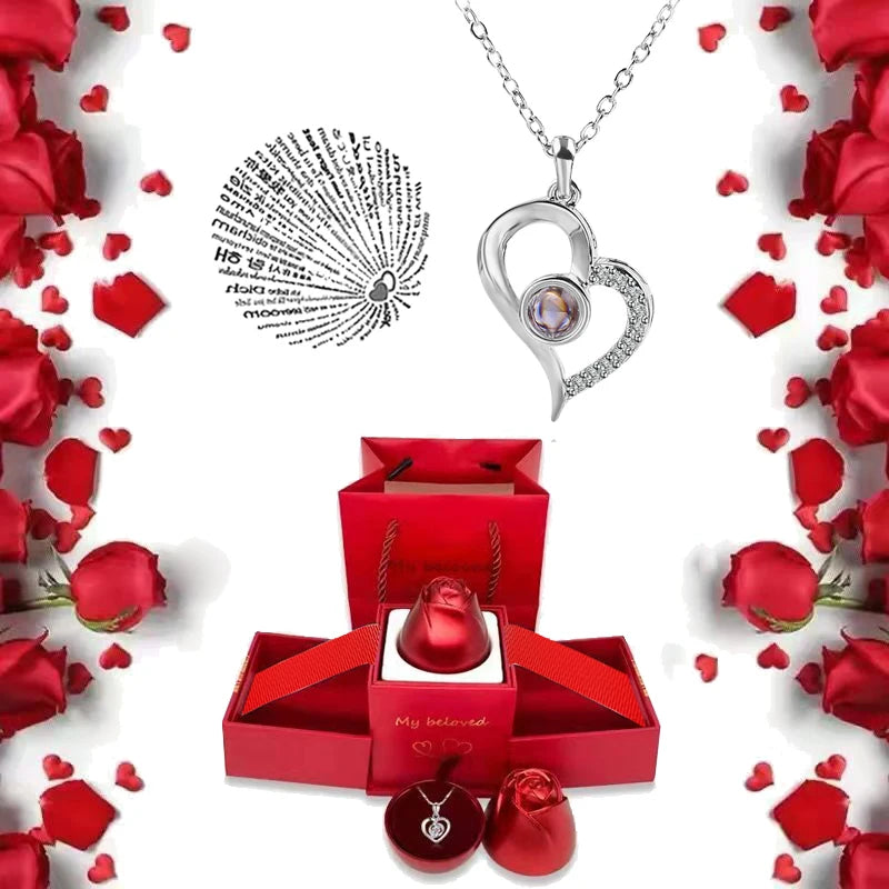 I Love You Projection S925 Necklace – 100 Languages with Rose Gift Box