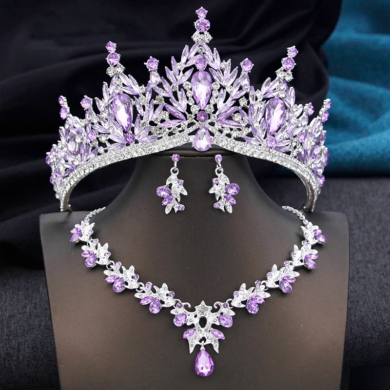 Royal Queen 3 Pcs Tiaras and necklace earrings for Bridal Jewelry Sets