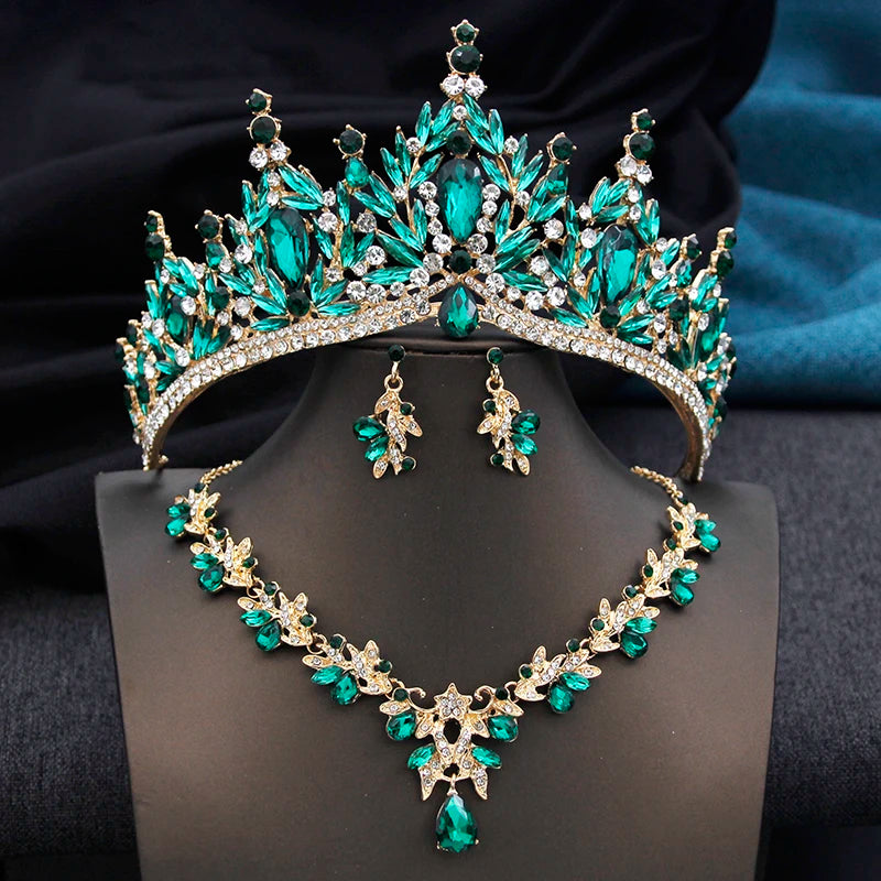 Royal Queen 3 Pcs Tiaras and necklace earrings for Bridal Jewelry Sets