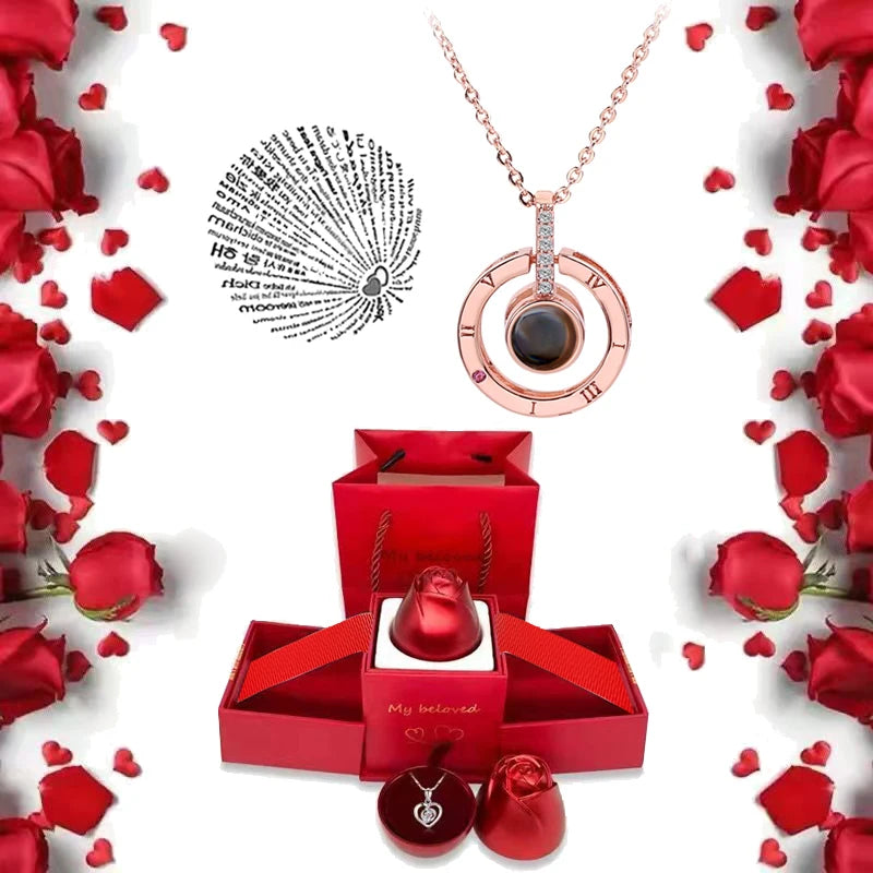 I Love You Projection S925 Necklace – 100 Languages with Rose Gift Box