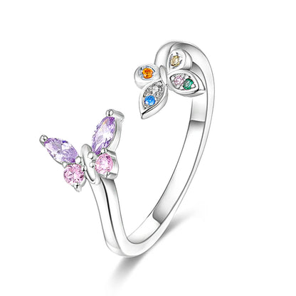925 Silver Color with Blue Zircon Butterfly Leaf Flower Rings