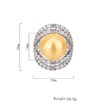 925 Sterling Silver 14mm Pearl Ring – Luxury Zirconia Geometric Design