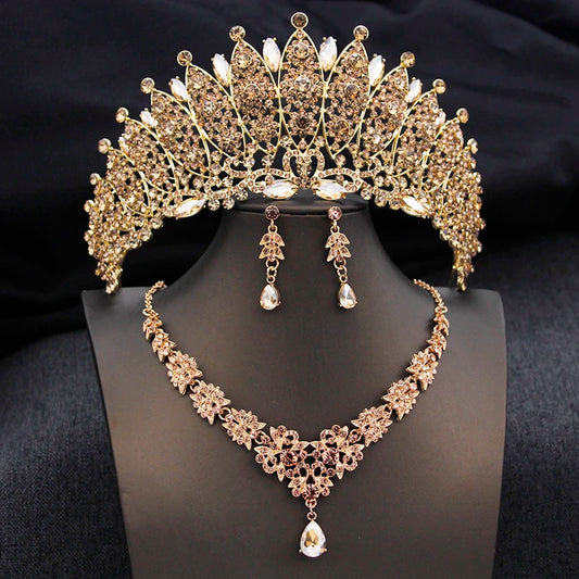 Royal Queen Champagne Tiara and Crown Bridal Jewelry Sets For Women