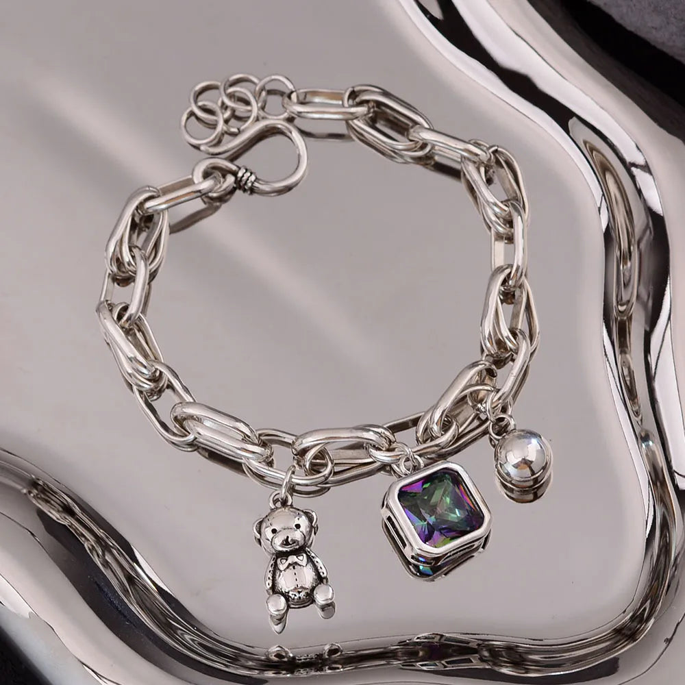 925 Sterling Silver Ladies Charm Bracelet With Sweet Little Bear Shiny Crystal Jewelry Gift