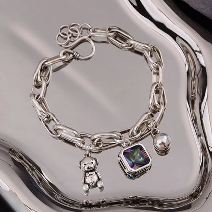 925 Sterling Silver Ladies Charm Bracelet With Sweet Little Bear Shiny Crystal Jewelry Gift