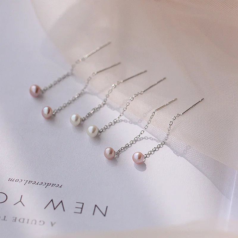 925 Sterling Silver Tassel Pearl Earrings – Elegant Korean Style for Women