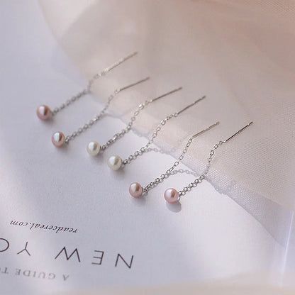 925 Sterling Silver Tassel Pearl Earrings – Elegant Korean Style for Women