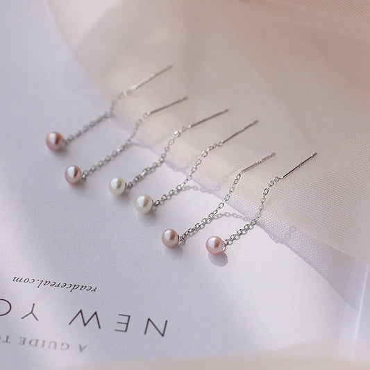 925 Sterling Silver Tassel Pearl Earrings – Elegant Korean Style for Women
