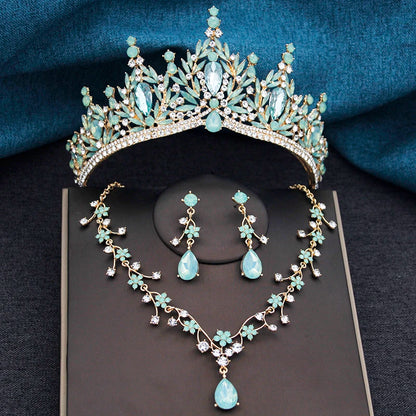 Baroque Wedding Crown for Bride 3-pack Tiara Earrings Necklace Bridal Jewelry Set