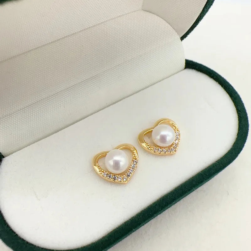 14K Gold Filled Heart Pearl Stud Earrings for Women