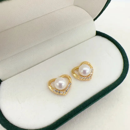 14K Gold Filled Heart Pearl Stud Earrings for Women
