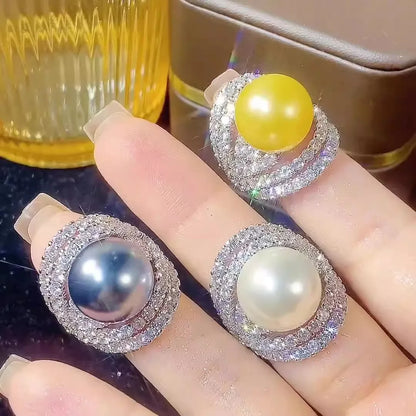 925 Sterling Silver 14mm Pearl Ring – Luxury Zirconia Geometric Design