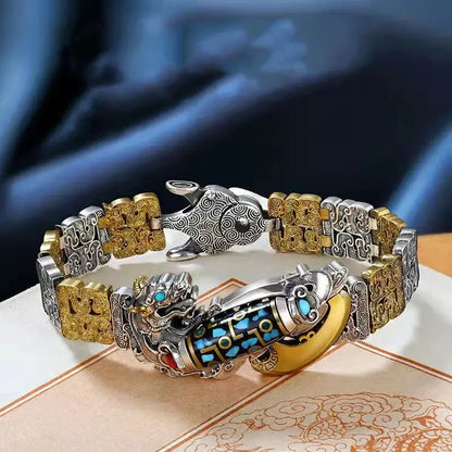 Handmade S925 Sterling Silver Nine-Eye Pearl PiXiu Bracelet for Men | Retro Tibetan Design, Wealth & Protection Amulet, Unique Handmade Gift