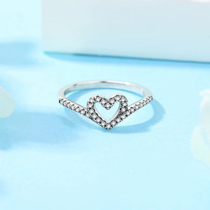 925 Sterling Silver Love Heart Crown Wishbone Zircon Ring
