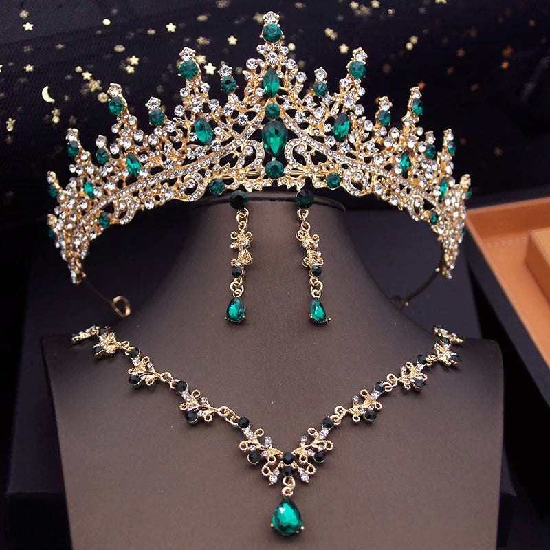 Green Crown Bridal Jewelry Set with Choker Necklace and Tiara for Weddings