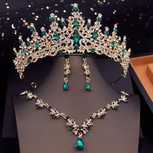 Green Crown Bridal Jewelry Set with Choker Necklace and Tiara for Weddings