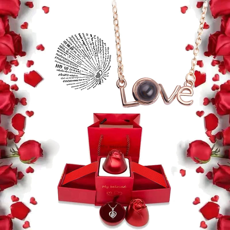 I Love You Projection S925 Necklace – 100 Languages with Rose Gift Box