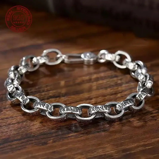 S925 Sterling Silver Six-Character Mantra Bracelet | Retro Engraved Vajra Pestle Design, Trendy Men’s Handmade Jewelry Gift