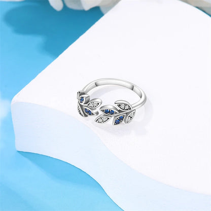 925 Silver Color with Blue Zircon Butterfly Leaf Flower Rings