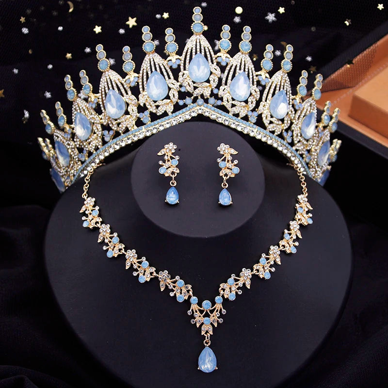 Blue Crown Bridal Jewelry Sets for Women Opal tiara Necklace Earrings Sets