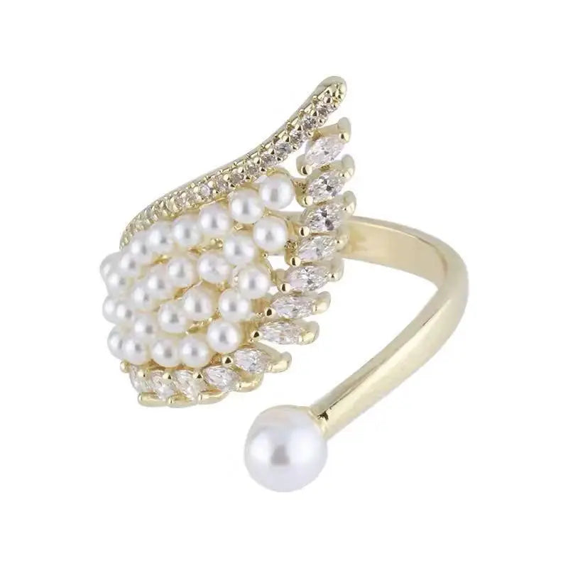 Elegant Adjustable Angel Wing Pearl Ring – Luxury Women's Charm Jewelry