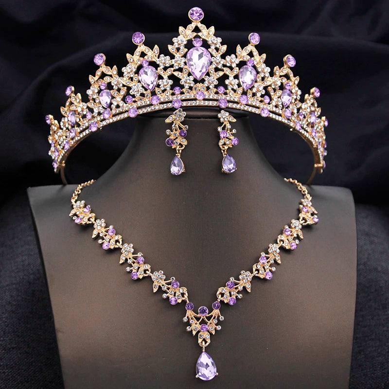 Opal Blue Princess Bridal Jewelry Set – Tiara Crown Necklace Earrings