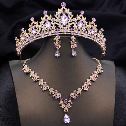 Opal Blue Princess Bridal Jewelry Set – Tiara Crown Necklace Earrings