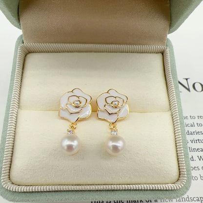 14K Gold Filled Camellia Pearl Stud Earrings for Women