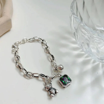925 Sterling Silver Ladies Charm Bracelet With Sweet Little Bear Shiny Crystal Jewelry Gift