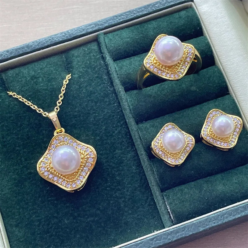 Shiny Crystal Pearl Jewelry Sets 14K Gold Gild 100% Natural Freshwater Pearl