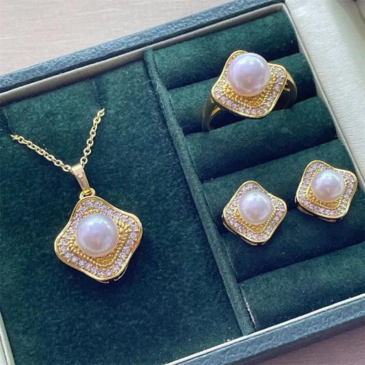 Shiny Crystal Pearl Jewelry Sets 14K Gold Gild 100% Natural Freshwater Pearl