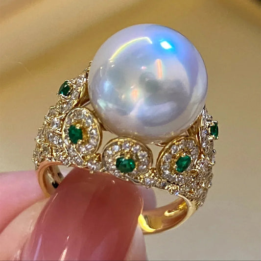 Big White Pearl Flower Ring – K Yellow Gold Women’s Cocktail Wedding Jewelry