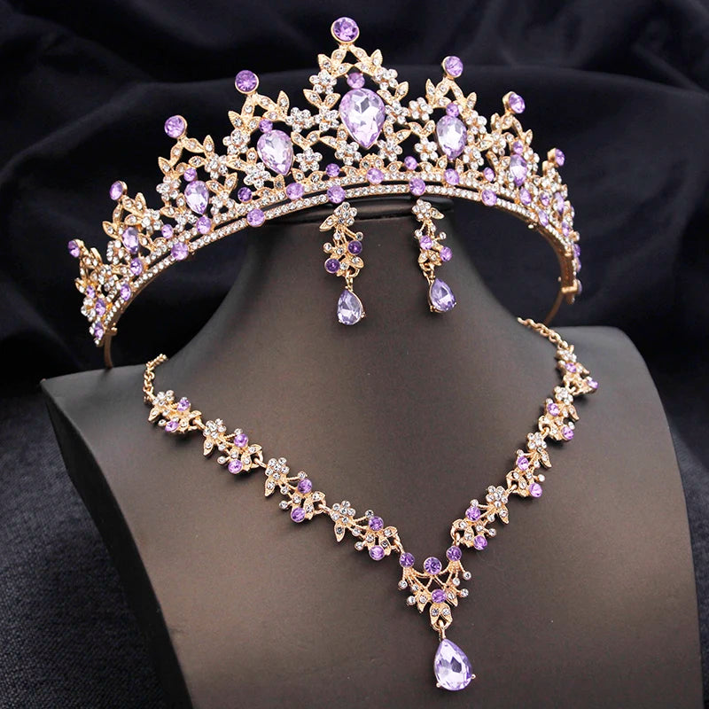 Opal Blue Princess Bridal Jewelry Set – Tiara Crown Necklace Earrings